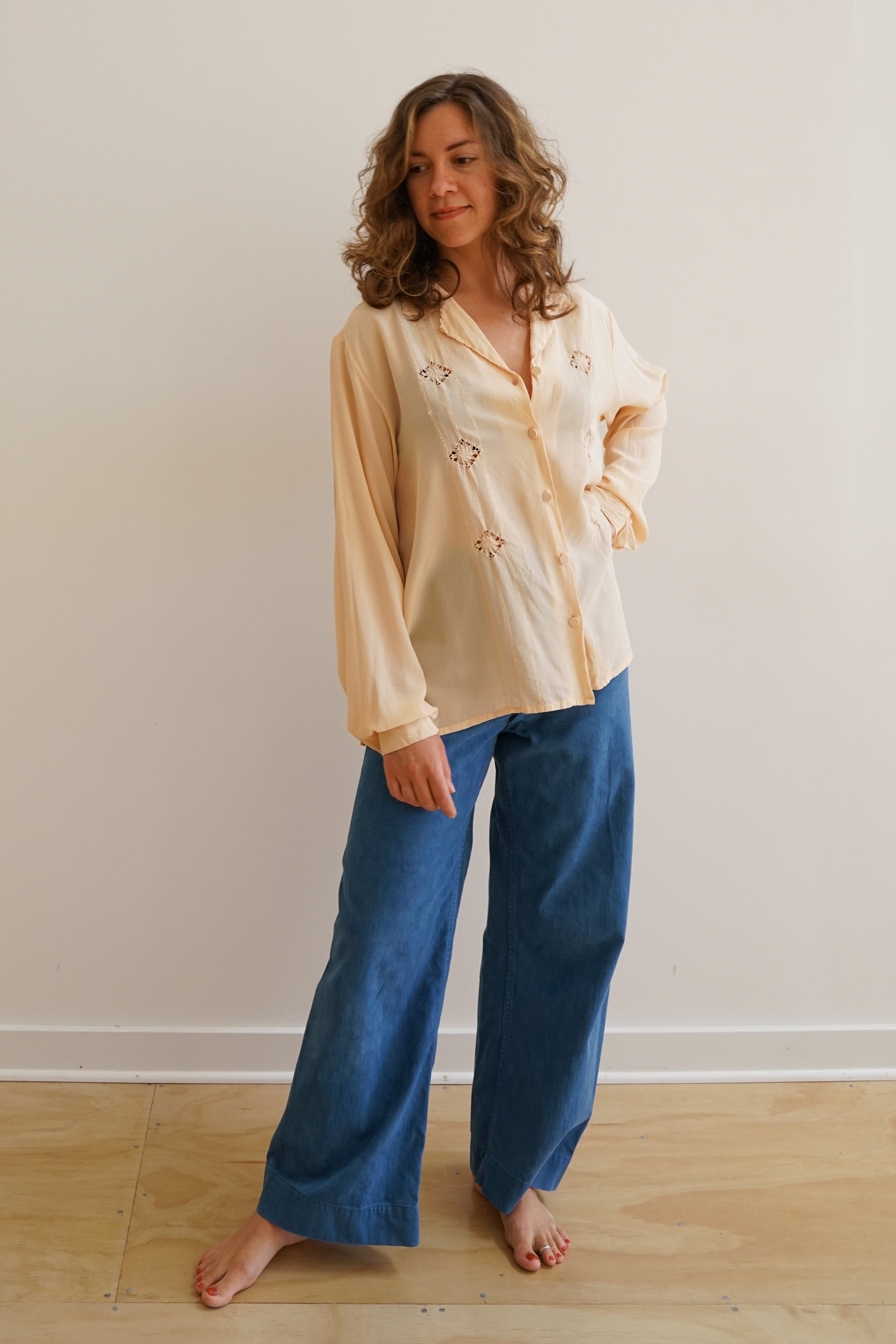 Embroidered Silk Top in Peach