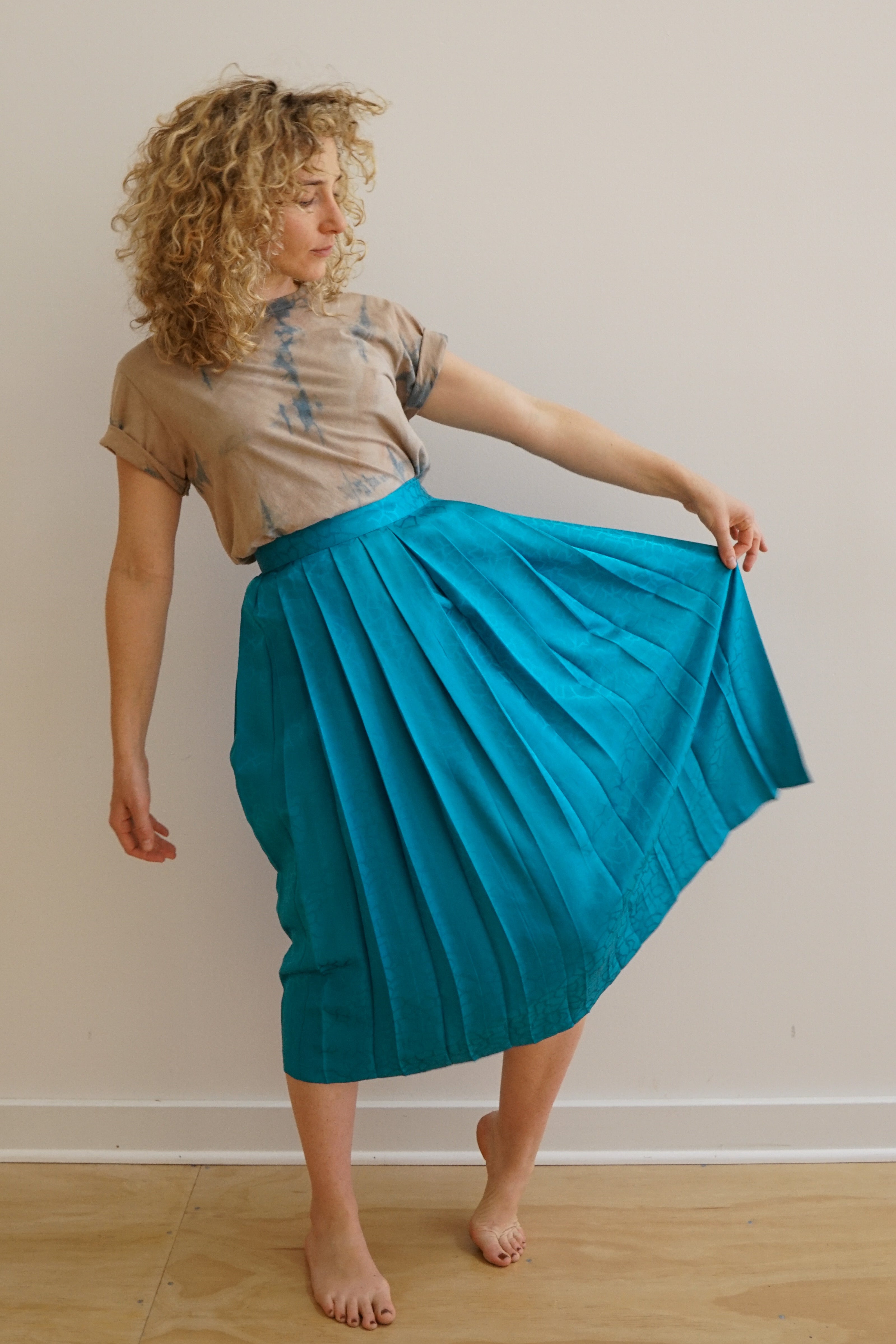Turquoise Pleated Midi Skirt