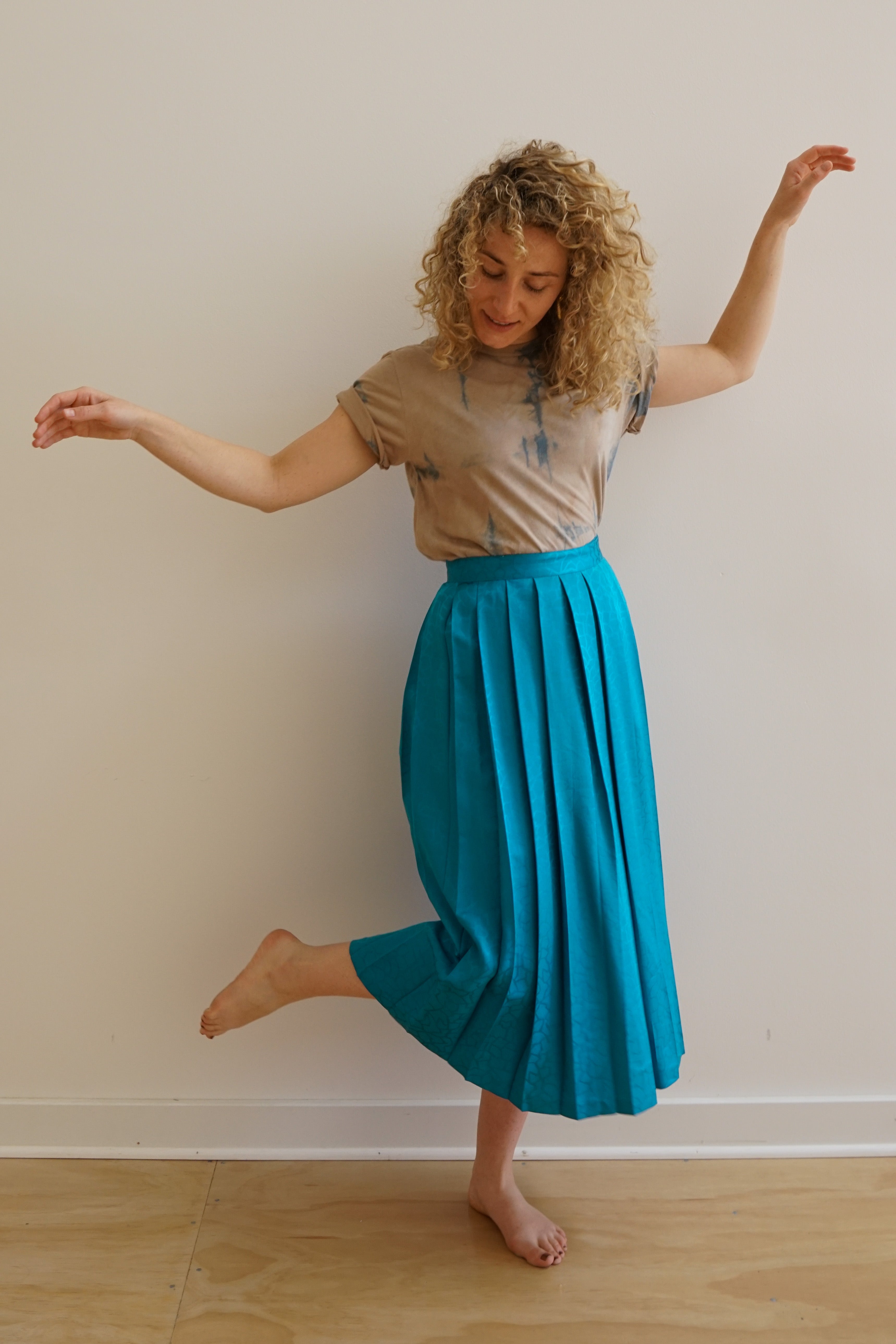 Turquoise Pleated Midi Skirt